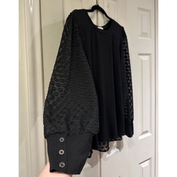 Skies Are Blue Black Knit Clip Dot Sheer Back Chiffon Sleeves Button Cuff Blouse - Picture 4 of 12